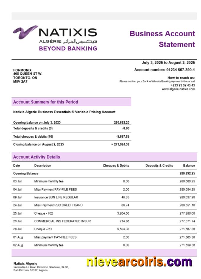 Natixis Algerie business bank statement